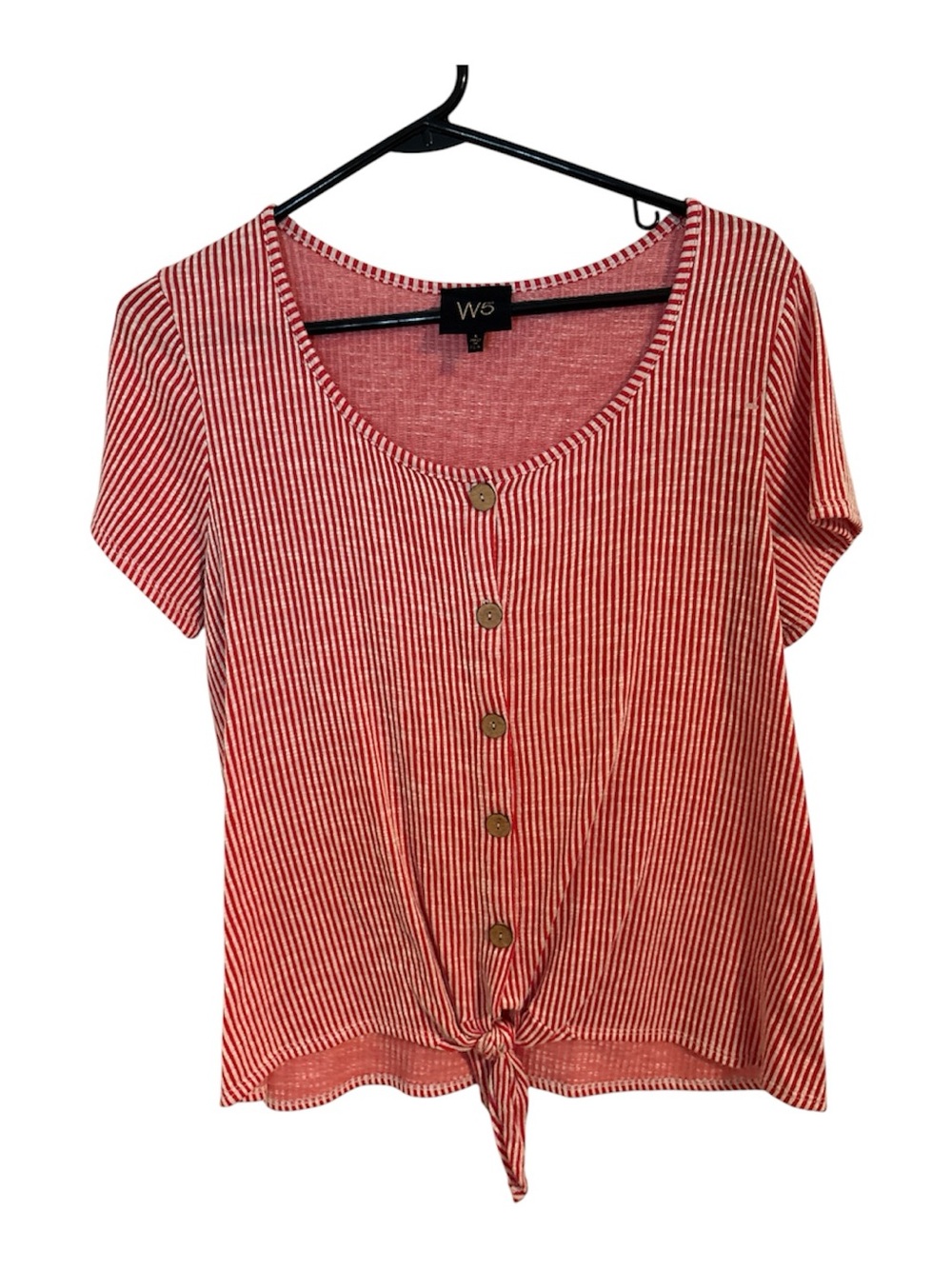 W5 Red and White Striped Button Tie-Front Crop Top